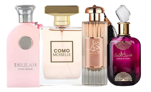 Kit 4 Perfumes Árabes Femeninos Delilah, Moiselle, Durrat & Sabah – Inspirados – Alta Fijación y Duración | Refill Frasco PET 60 ml